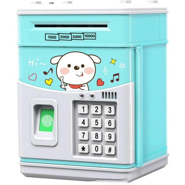 Pusculita pentru copii tip seif, Cod pin si amprenta, Muzica, Rulare automata a banilor, Bleu