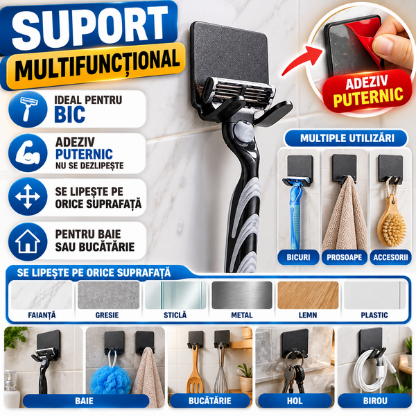 Suport autoadeziv pentru aparat de ras / Bic, rezistent la apa si umezeala, Negru