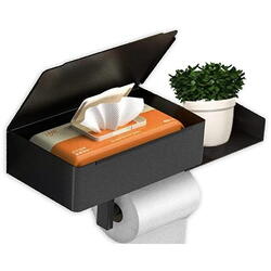 Suport pentru hartie igienica, cu etajera si cutie depozitare, Aluminiu, Negru