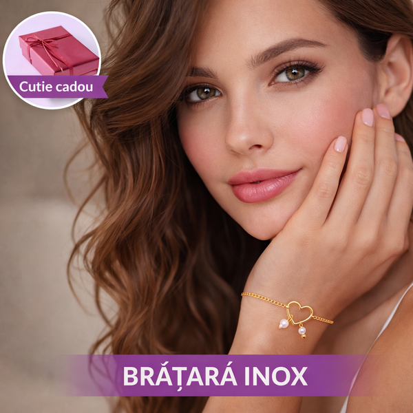 Bratara Inox Cu Inimioara Si Perle, Auriu