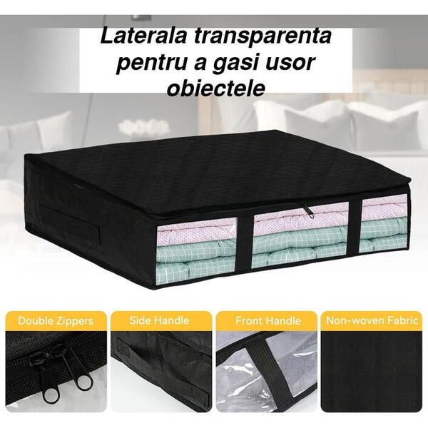 Geanta depozitare haine sub pat, Inchidere cu fermoar, Rezistent la praf si umiditate, Durabil, Respirabil, Usor de pliat si curatat, 60*45*15cm, Negru
