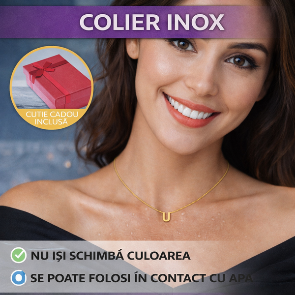 Colier Inox Cu Initiala Litera U, Auriu
