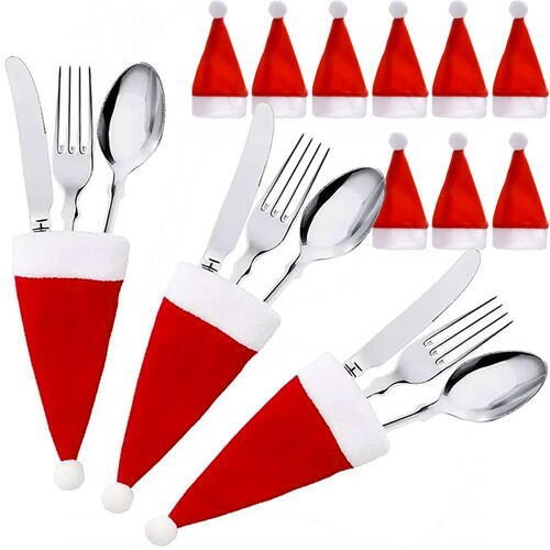 Suporturi pentru tacamuri Model de Craciun, 12x6 cm, Rosu/Alb, Set 12 Buc