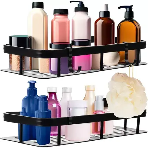 OFERTA 1+1 GRATIS Rafturi pentru baie, rezistente la umiditate, montare usoara, autoadezive, aluminiu, 30 x 13 x 4.7 cm, Negru
