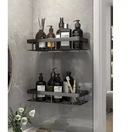 OFERTA 1+1 GRATIS Rafturi pentru baie, rezistente la umiditate, montare usoara, autoadezive, aluminiu, 30 x 13 x 4.7 cm, Negru