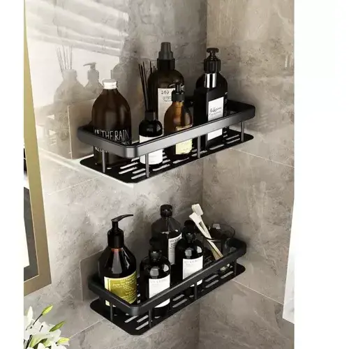 OFERTA 1+1 GRATIS Rafturi pentru baie, rezistente la umiditate, montare usoara, autoadezive, aluminiu, 30 x 13 x 4.7 cm, Negru