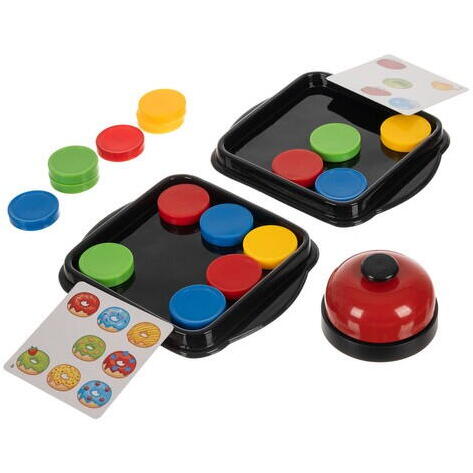 Joc de inteligenta Quick Pucks, 16 discuri, 40 cartonase cu imagini, clopot, 5.2 x 3.2 x 1.5 cm
