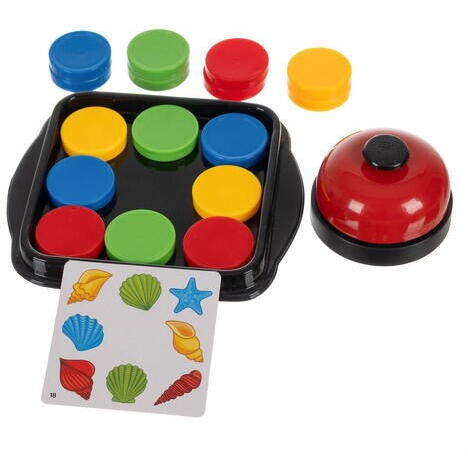Joc de inteligenta Quick Pucks, 16 discuri, 40 cartonase cu imagini, clopot, 5.2 x 3.2 x 1.5 cm