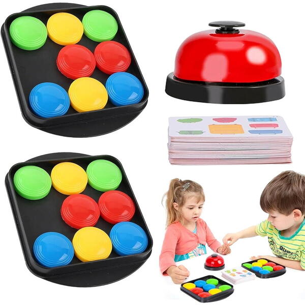 Joc de inteligenta Quick Pucks, 16 discuri, 40 cartonase cu imagini, clopot, 5.2 x 3.2 x 1.5 cm