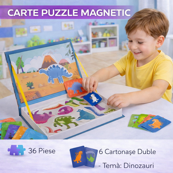 Carte tip Puzzle Magnetic , Set 36 magneti, 6 Cartonase Duble, Tema Dinozauri