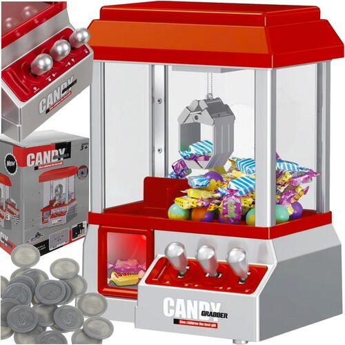 Jucarie interactiva macara cu gheara pentru prinderea dulciurilor, Candy Grabber, Monede incluse, cu baterii, 31 x 17 x 22 cm, Rosu / Argintiu