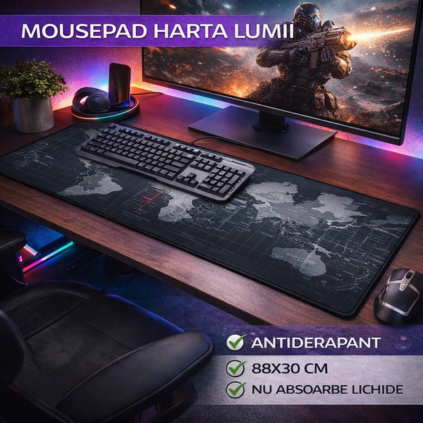 Mousepad gaming/birou, Antiderapant, 880x300 mm, Harta Lumii