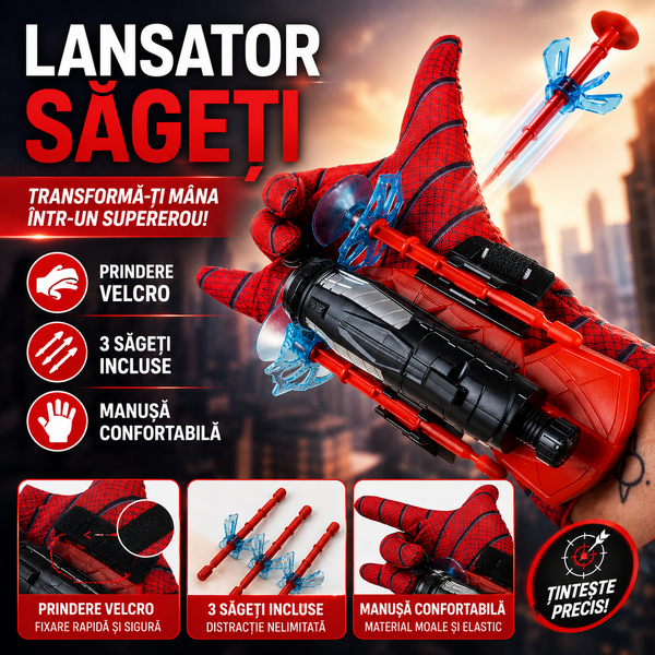 Lansator de Sageti, Manusa lui SpiderMan, din material textil cu lansator si trei sageti, pentru copii
