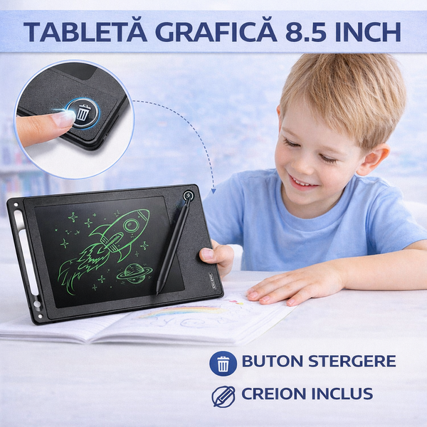 Tableta grafica de desenat pentru copii 8.5" diagonala, Drawing Tablet, Cu Buton De Stergere, Creion Inclus, Negru