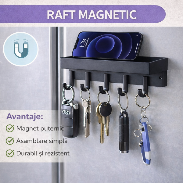 Raft pentru chei cu suport si 6 carlige, Design economisitor de spatiu, Prindere Magnetica sau Instalare Suruburi, Negru