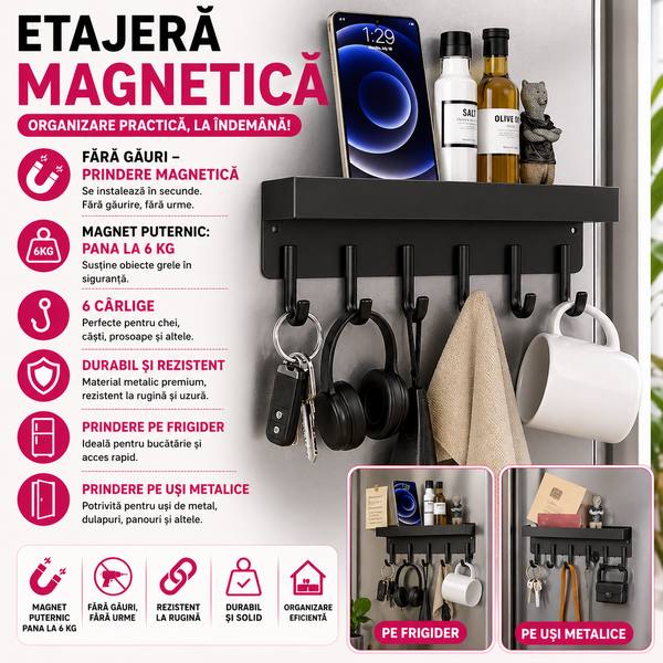 Raft pentru chei cu suport si 6 carlige, Design economisitor de spatiu, Prindere Magnetica sau Instalare Suruburi, Negru