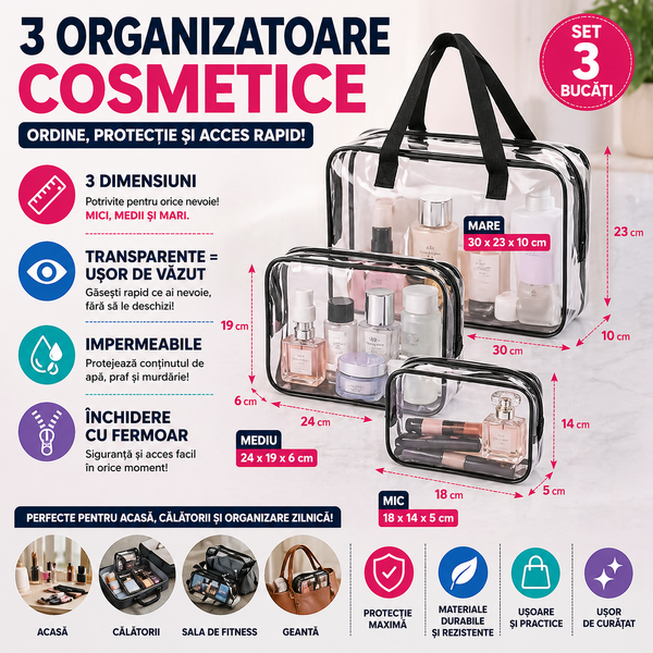 Set 3 organizatoare cosmetice pentru calatorii, multifunctionale, rezistente la apa, Transparent
