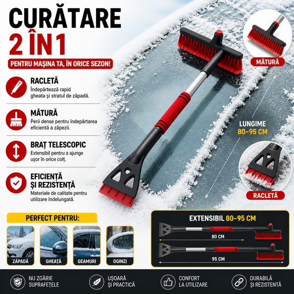 Racleta Auto Telescopica ,Lungime Reglabila de la 80 la 95 cm, Eficineta si Rezistenta, Razuitoare Detasabila, Prietenos cu Vopseaua Masinii, Negru/Rosu