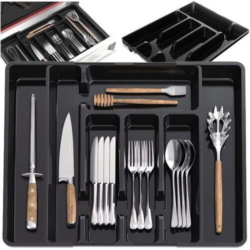 Organizator pentru tacamuri si ustensile de bucatarie, sertar extensibil, suport ajustabil pentru cutite, negru