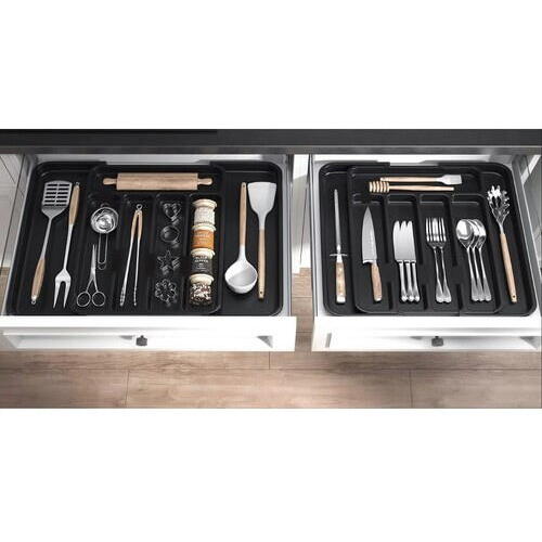 Organizator pentru tacamuri si ustensile de bucatarie, sertar extensibil, suport ajustabil pentru cutite, negru