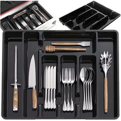 Organizator pentru tacamuri si ustensile de bucatarie, sertar extensibil, suport ajustabil pentru cutite, negru