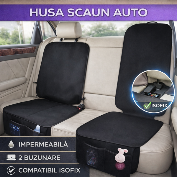 Husa protectie pentru scaunul auto, Material Impermeabil, Anti Alunecare, Montaj Rapid, Usor de Curatat, 2 Buzunare, Negru