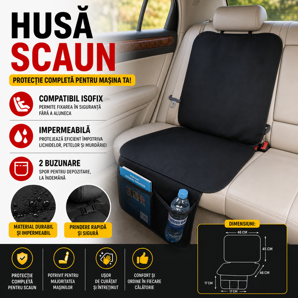 Husa protectie pentru scaunul auto, Material Impermeabil, Anti Alunecare, Montaj Rapid, Usor de Curatat, 2 Buzunare, Negru