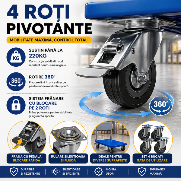 Set 4 roti pivotante industriale cu frana, rotire 360°, argintiu si gri