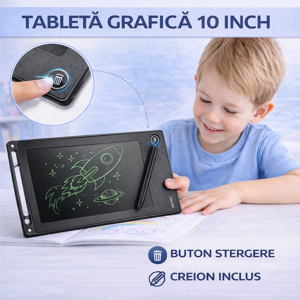 Tableta grafica de desenat pentru copii 10" diagonala, Drawing Tablet, Cu Buton De Stergere, Creion Inclus, Negru