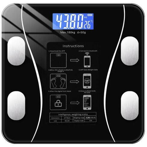 Cantar corporal inteligent, cu diagnostic si termometru, Bluetooth, App pentru fitness, din sticla securizata, LCD, negru