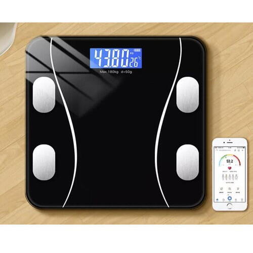 Cantar corporal inteligent, cu diagnostic si termometru, Bluetooth, App pentru fitness, din sticla securizata, LCD, negru