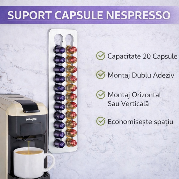 Suport pentru 20 Capsule Nespresso, Montare Adeziv 3M Inclus