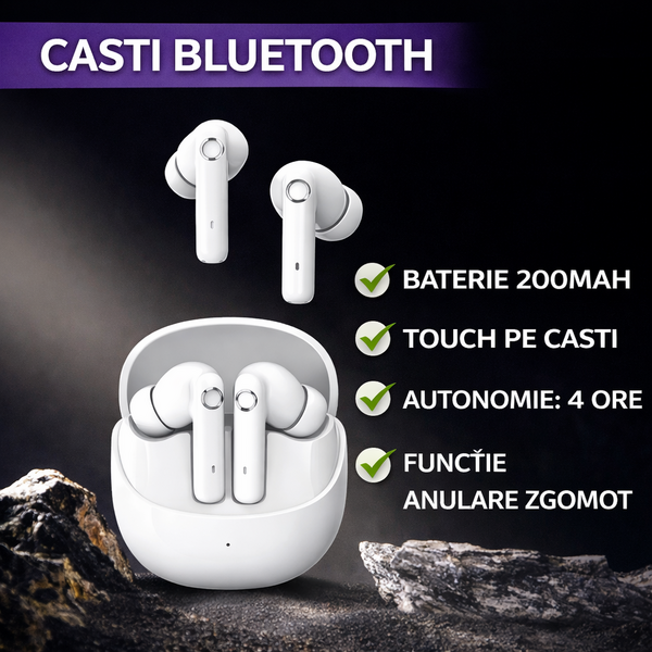 Casti Bluetooth 5.4, Baterie Statie 200mAh, StandBy 150H, Touch pe Casti, Respingere/Raspundere Apel VTS-200, Alb