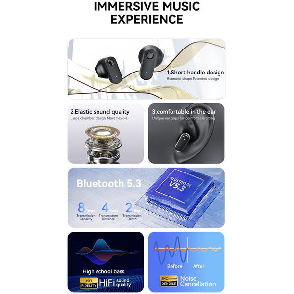 Casti Bluetooth 5.3, Baterie Statie 200mAh, StandBy 180H, Touch pe Casti, Respingere/Raspundere Apel VTS-210, Negru