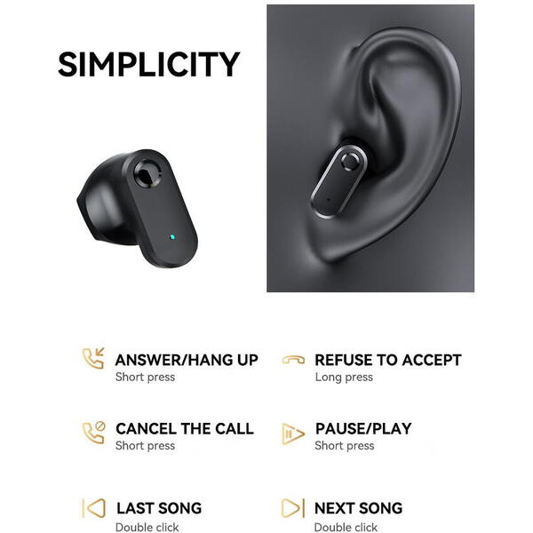 Casti Bluetooth 5.3, Baterie Statie 200mAh, StandBy 180H, Touch pe Casti, Respingere/Raspundere Apel VTS-210, Negru