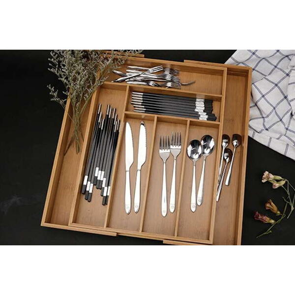 Organizator extensibil tacamuri si ustensile de bucatarie,  Bambus, 6-8 compartimente, Design elegant, 50 x 45.5 x 5 cm