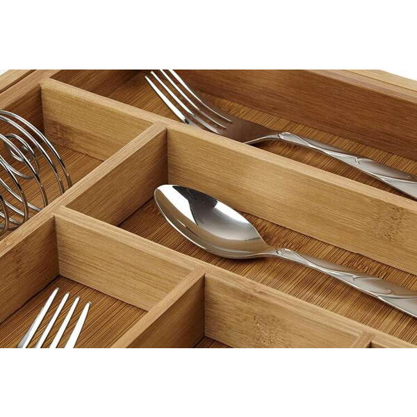 Organizator extensibil tacamuri si ustensile de bucatarie,  Bambus, 6-8 compartimente, Design elegant, 50 x 45.5 x 5 cm