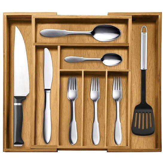 Organizator extensibil tacamuri si ustensile de bucatarie,  Bambus, 6-8 compartimente, Design elegant, 50 x 45.5 x 5 cm