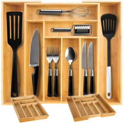 Organizator extensibil tacamuri si ustensile de bucatarie,  Bambus, 6-8 compartimente, Design elegant, 50 x 45.5 x 5 cm