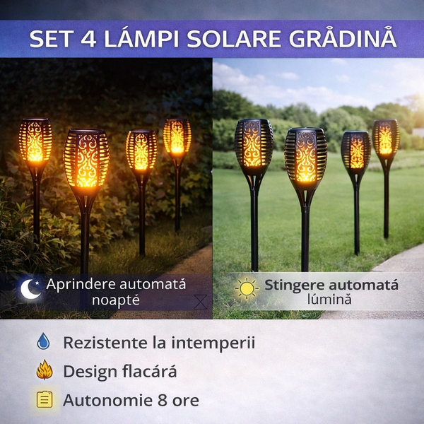 Set 4 Lampi Solare, Autonomie 8 ore, Inaltime 50CM, Rezistenta la intemperii, Design flacara, Clasa de protectie ip65