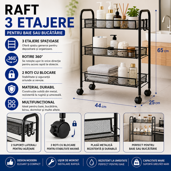 Raft mobil pentru bucatarie sau baie, Organizator, Metalic, 3 rafturi, 2 roti cu blocare, 65 x 25 x 44 x cm, Negru