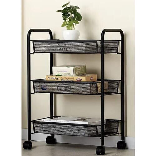 Raft mobil pentru bucatarie sau baie, Organizator, Metalic, 3 rafturi, 2 roti cu blocare, 65 x 25 x 44 x cm, Negru