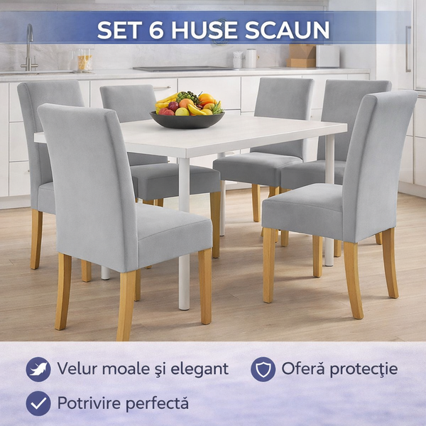 Set 6 Husa Pentru Scaun, 65x40x35 cm, Catifea, Elastic, Protectie Impotriva Murdariei, Spalare La Masina La 30 De Grade, Gri