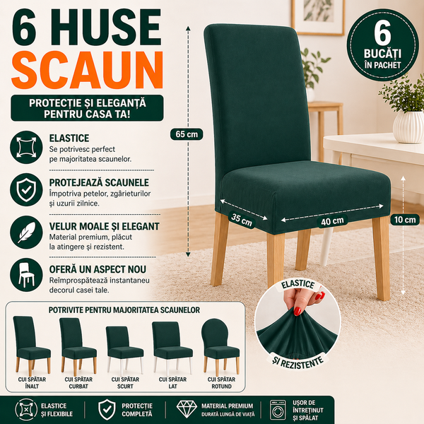 Set 6 Husa Pentru Scaun, 65x40x35 cm, Catifea, Verde , Elastic, Protectie Impotriva Murdariei, Spalare La Masina La 30 De Grade