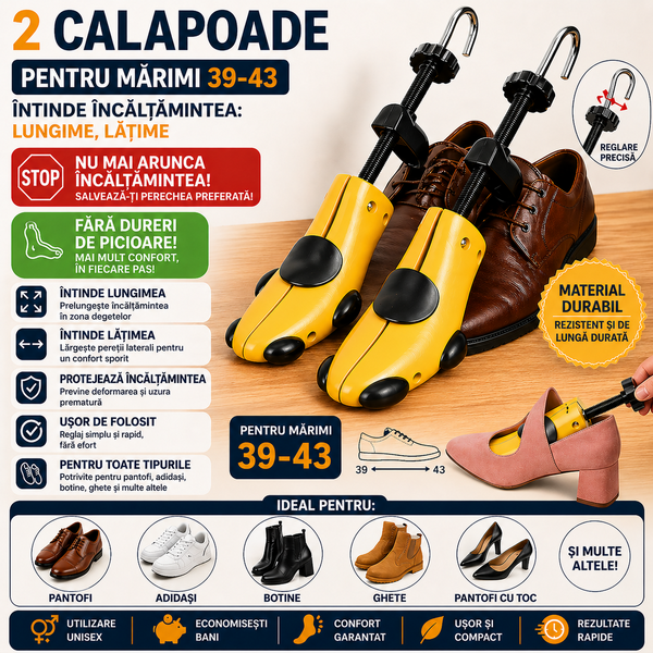 Set 2 Calapoade/Sanuri, Pentru Largit/Alungit Pantofi, Pentru Marimile 39-43, Material ABS, Galben