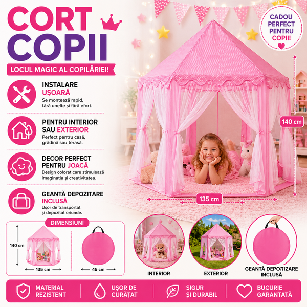 Cort de joaca pentru copii, Castel printese, Pliabil, 6 intrari, 135x140 cm, roz