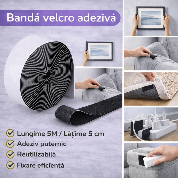 Banda velcro adeziva, Banda cu scai si adeziv, Reutilizabila, Latime 5 cm, Lungime 5 m