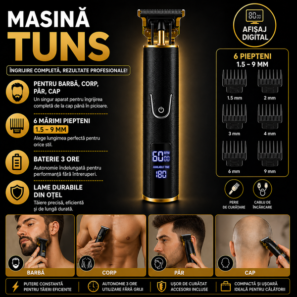 Masina Profesionala de Tuns Barba Si Contur, Fara Fir, Marimi Reglabile, Lama Inox, Negru