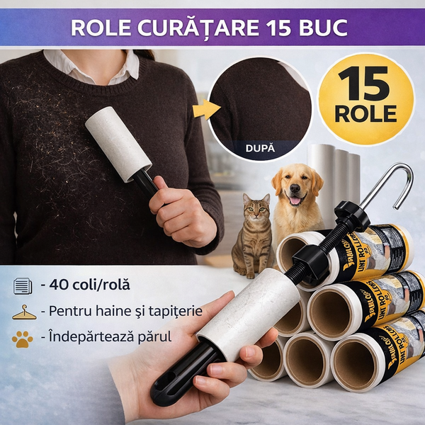 Set 15 Rola pentru curatarea parului, pentru haine si tapiterii, 40 coli/rola
