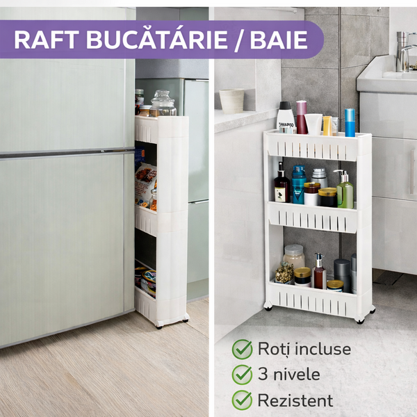 Raft de bucatarie sau baie, Mobil pe roti, Usor de asamblat si mutat, Universal, 3 nivele, Alb